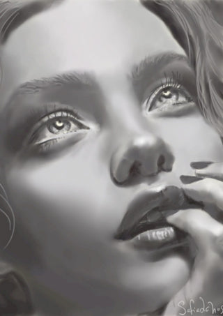 the dreamer by Sofia de Lemos - a young woman's face in soft greys with her fingers at her lips