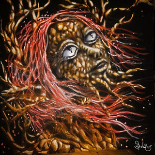 forest witch by Sofia de Lemos - a bark-skinned face with red roots streaming through the dark
