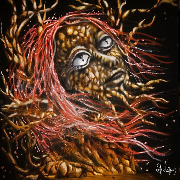 forest witch by Sofia de Lemos - a bark-skinned face with red roots streaming through the dark