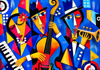 Midnight Jazz Ensemble by Andreas Gerlach - three cubist musicians with keyboard, bass and trumpet