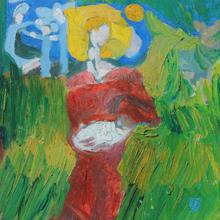 The Woman in the Wheat by António D'Albuquerque - a woman in a red dress among tall green grass