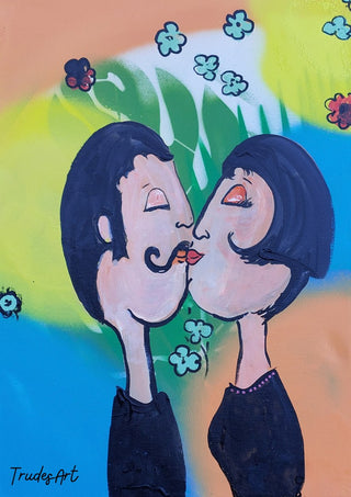 Der Kuss im Glücksregen by Trude - two dark-haired figures kissing against an orange, blue and green wall