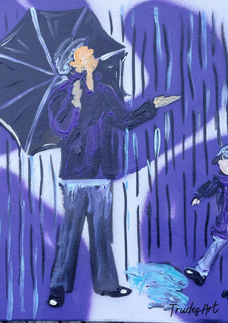 Tanz durch den Regen by Trude - a man under a black umbrella walking through purple rain