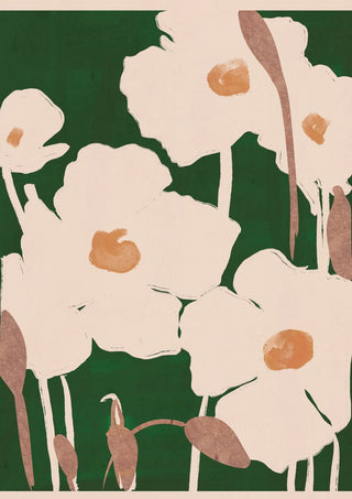 Abstract Flowers 9 by ThingDesign - cream flowers with ochre centres on a deep green ground