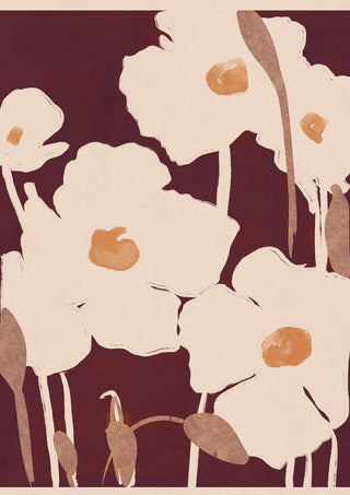 Abstract Flowers 10 by ThingDesign - cream flowers with ochre centres on a deep maroon ground