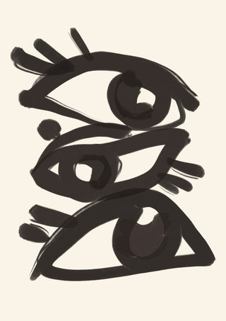 Abstract line art eyes 3 by ThingDesign - three brushed eyes in black on a cream ground
