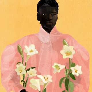 Girl Holding Flowers 2 by ThingDesign - a portrait in a pink blouse with white lilies on yellow