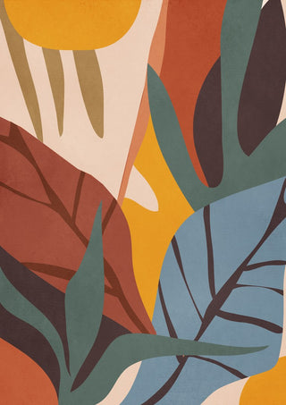 Abstract Art Jungle by ThingDesign - overlapping tropical leaves in rust, teal and mustard