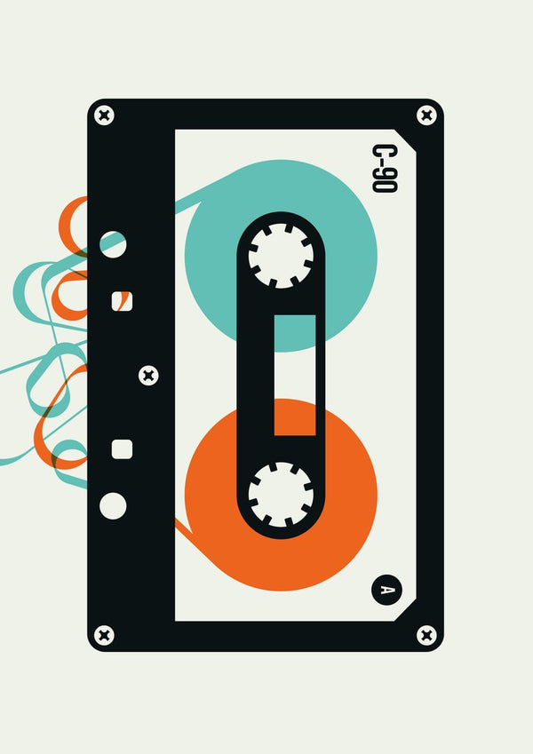 Mixtape by Bo Lundberg - a black cassette tape with turquoise and orange tape spooling loose
