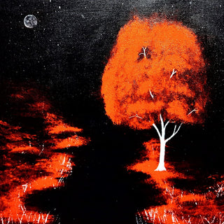 Red Tree by Moonlight by Marcel Herrmann - a pale tree with a dense orange and red crown on a black ground