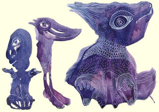 Odd Creatures by Lena Galé - three violet and deep blue creatures on a cream ground
