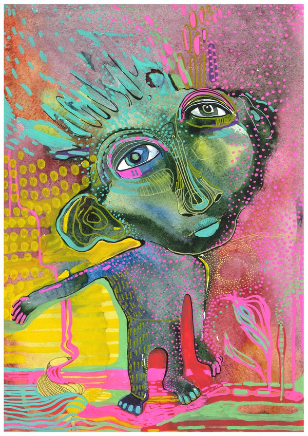 Strange Wanderer by Lena Galé - a green creature on a bright magenta, yellow and turquoise ground