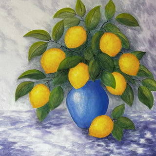Lemons for You and Me by Tako - yellow lemons on leafy branches in a round blue vase