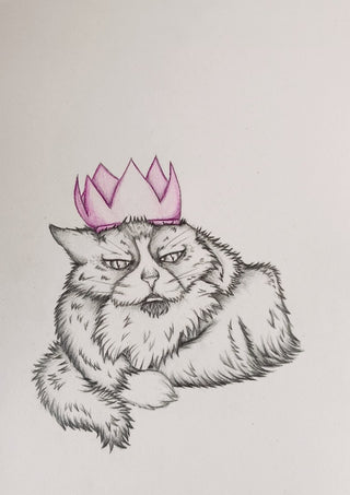 King Tony the cat by CarolineV - a pencil drawing of a long-haired cat wearing a pink crown