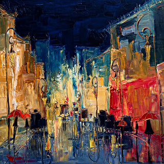 Night Street with Red Umbrellas by Justyna Kopania - a wet city street in gold and red under a blue night