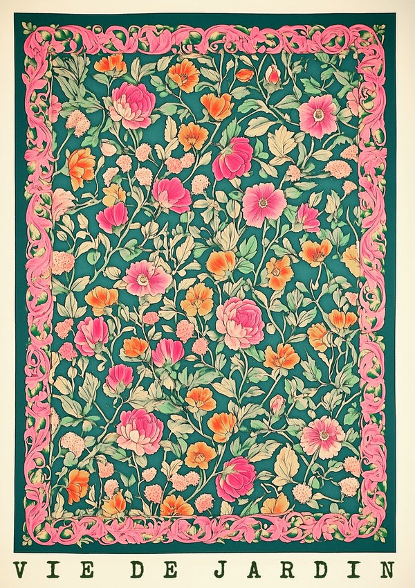 Vie de Jardin by Annika Persson - dense pink flowers on deep teal with a pink scrolling border