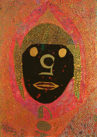 GOA by Ali Kasap - a black face with gold eyes and lips in a field of gold dots on pink and red