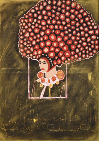 Madame Rose by Ali Kasap - a woman in profile with an afro of red roses on gold and black