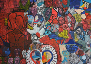 RED ROOM by Ali Kasap - hundreds of overlapping faces and figures in red, blue and yellow
