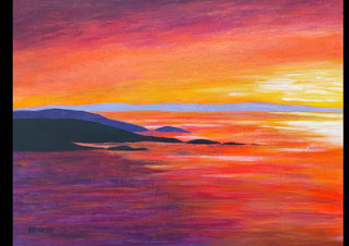 Evening Light by Finbar Stevens Art - an orange and red sunset over a dark headland and purple sea