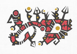Red and Gold Glyphs by John Larkin - black glyph forms filled with bright red and set with golden discs