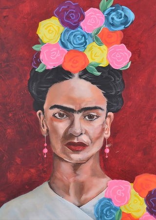 Frida Kahlo by creatievananne - the painter with a crown of bright roses against deep red