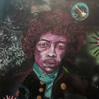 Jimi Hendrix by creatievananne - the guitarist in plum and pink against a dark stencilled ground