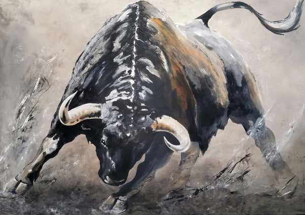 Unatamed spirit by Lüba - a bull charging head-on in black and grey with rust along the shoulders