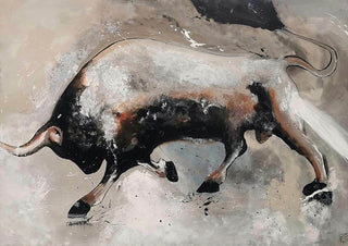 Unleashed by Lüba - a bull in black, white and rust charging across a soft grey ground