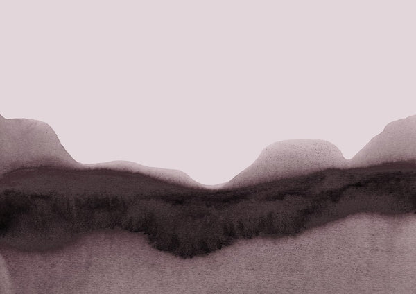 abstract moody landscape by Iris Lehnhardt - a dark ink ridge of hills under a dusty mauve sky