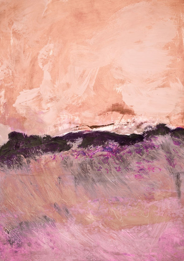 expressive landscape by Iris Lehnhardt - a magenta field under an apricot sky and dark treeline
