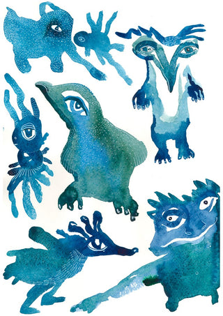 Creatures by Lena Galé - seven invented blue and green animals with large eyes