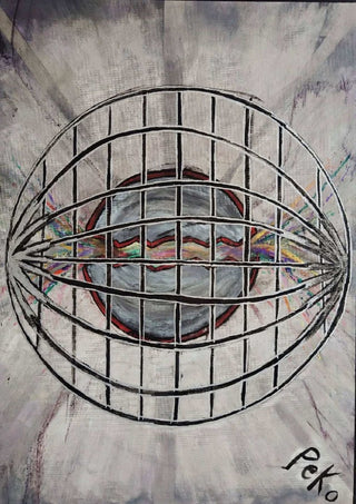Gravitational collapse by PeKo - a black cage of lines around a grey sphere ringed in dark red