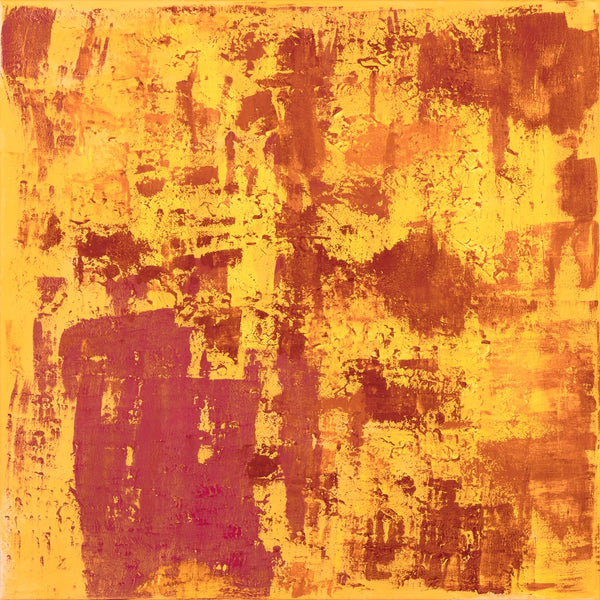 Lebenskunst by Sophie Schillen - an abstract of warm yellow and ochre with scraped rust red blocks