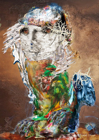 The Little People No.2 by Henrik Kock - a wrapped white face over a body of torn colour on rust brown