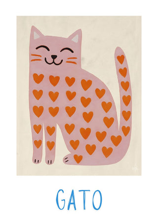 Gato by Interiorisla - a smiling pink cat covered in orange hearts with hand-lettered type