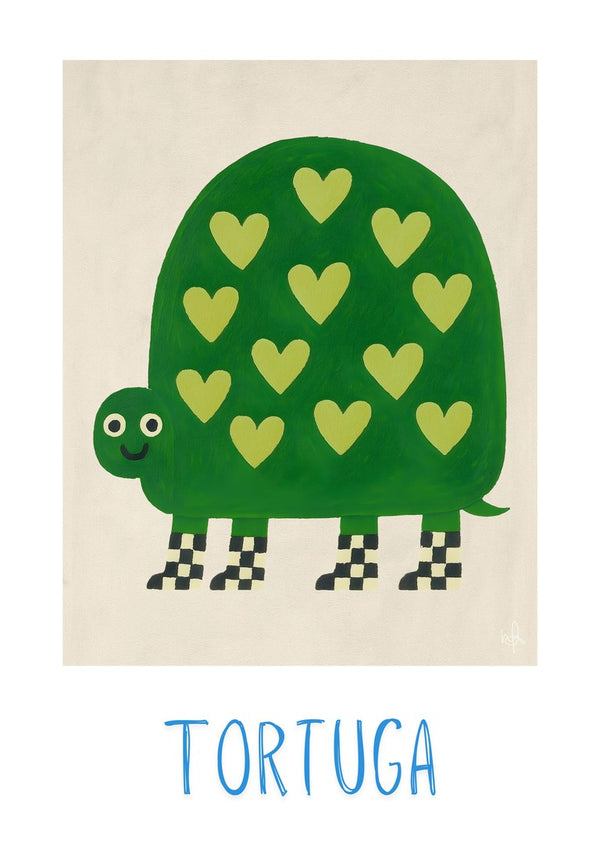 Tortuga by Interiorisla - a green tortoise with yellow hearts and chequered boots on cream