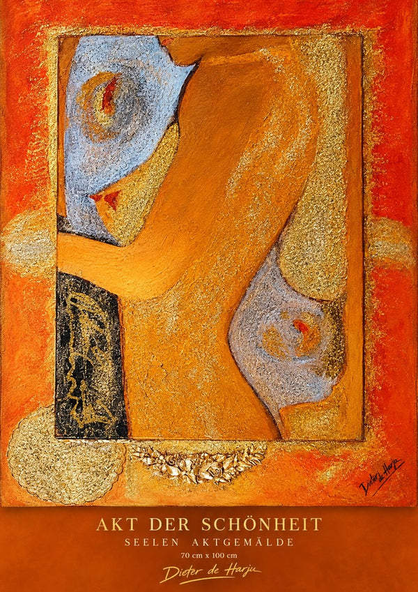 AKT DER SCHÖNHEIT by Dieter de Harju - an abstract nude in ochre and pale blue on burnt orange