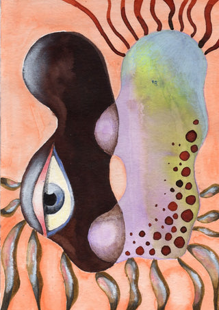 Two Heads, One Eye by Shimmering Ugly - two rounded forms on peach, one brown with a single almond eye