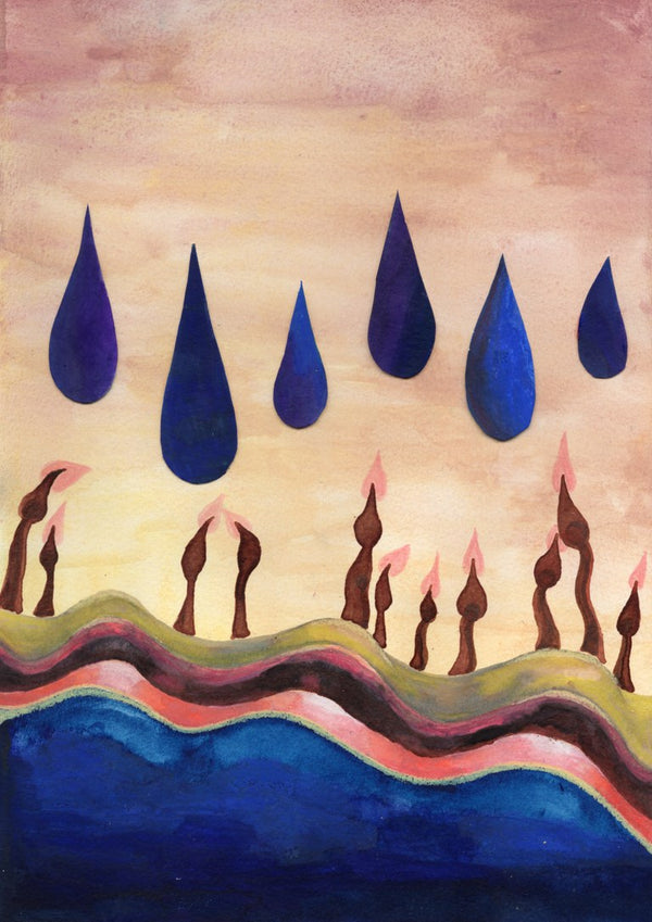 Candles Under Blue Drops by Shimmering Ugly - six blue drops over a row of brown candles above a deep blue field