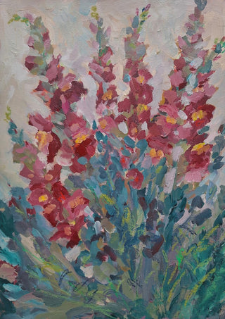 Red Snapdragon Flowers by DNF - red and pink snapdragon spires against a pale grey sky
