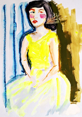 Yellow Dress by DNF - a seated woman in a bright yellow dress