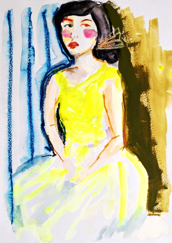 Yellow Dress by DNF - a seated woman in a bright yellow dress
