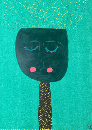 Pricken by RR - a dark teal face with pink cheeks on a bright green ground