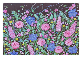 Dungeon Farm by Rebecca Wright - pink roses and blue irises on a dark aubergine ground
