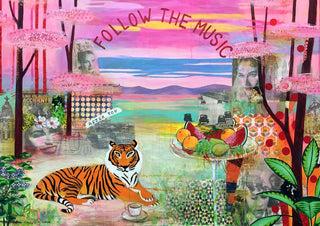 Follow the music by María Burgaz - an orange tiger and a stand of fruit under a pink sky