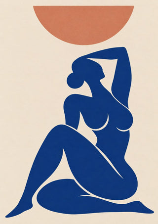 Abstract Nude Art Inspired by Henri Matisse by TimlessArtworks - a deep cobalt seated figure under a terracotta half-sun