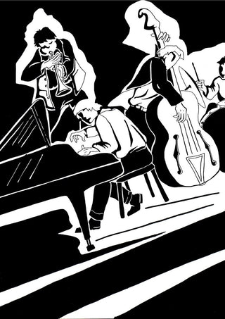Jazz Quartet by Massimo Frascogna - trumpet, piano, double bass and drums in black and white