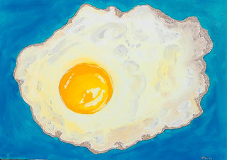 Fried egg by Sulaika Martis - a fried egg with a glowing orange yolk on a deep blue ground