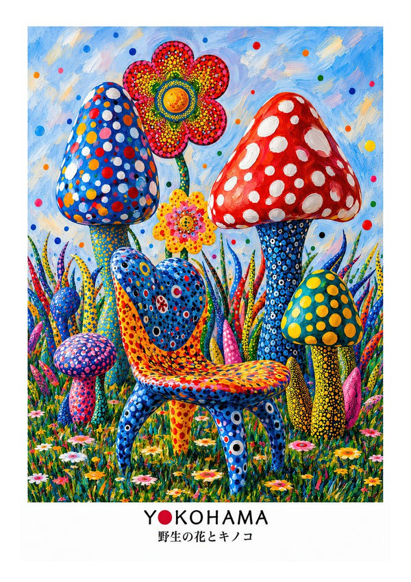 The Dotted Chair by Yokohama - a dot-covered chair among giant red, blue and teal mushrooms in a flowering meadow